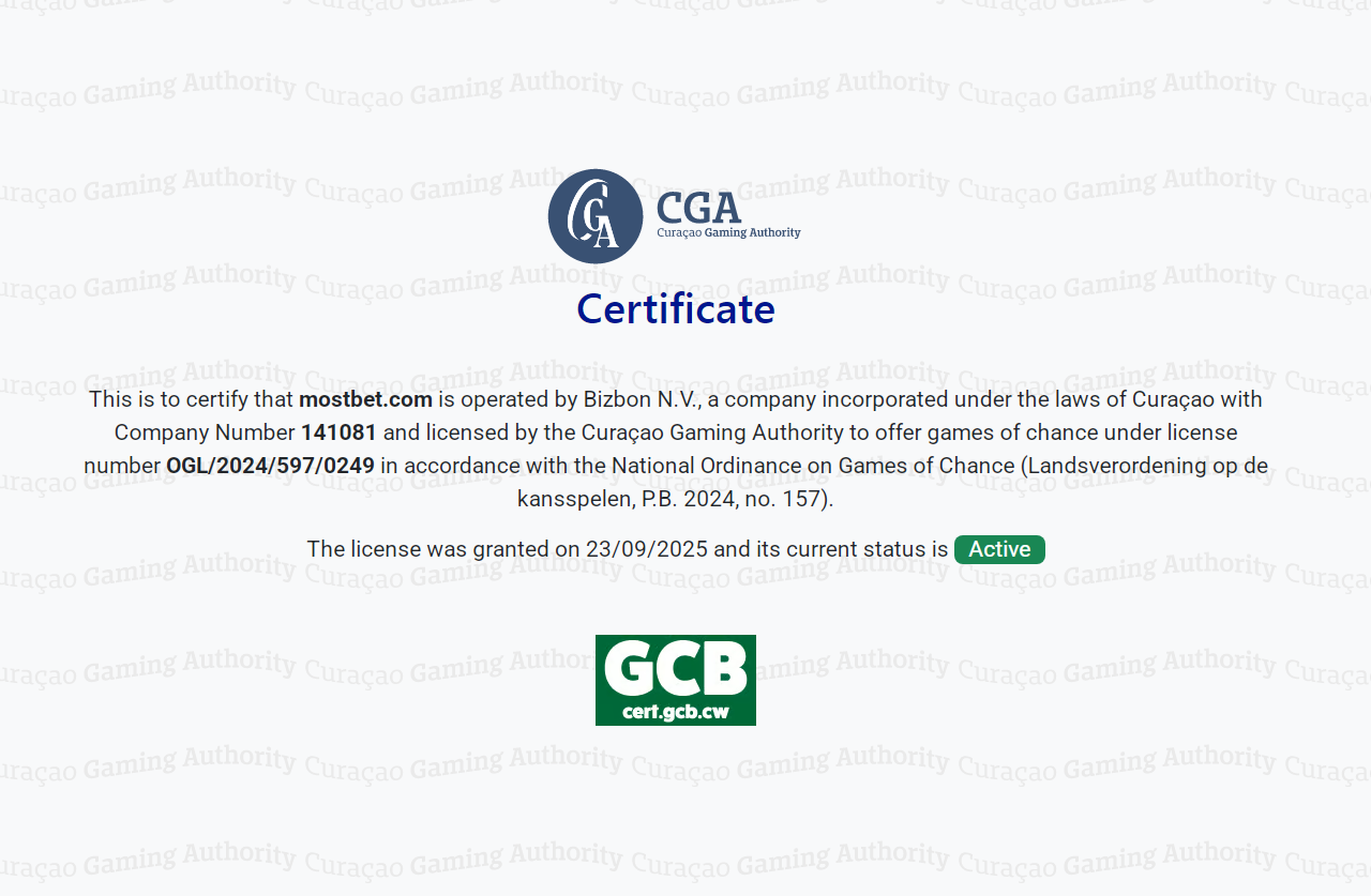 Mostbet Licença de Curaçao